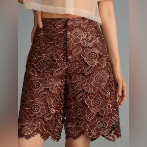By Anthropologie Floral Faux Leather Lace Shorts in Cocoa Plum - Size 4